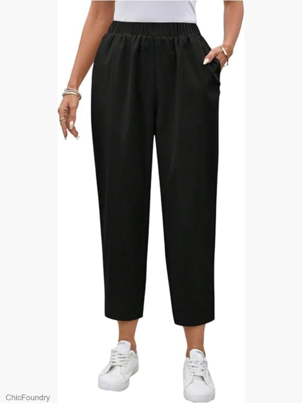 High Waisted Work Pants Elastic Waist Business Casual Trousers with Pockets